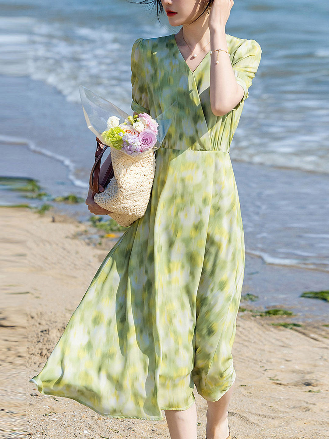 Emma Vacation V-neck Shirred Printed Chiffon Dress  Smile just love