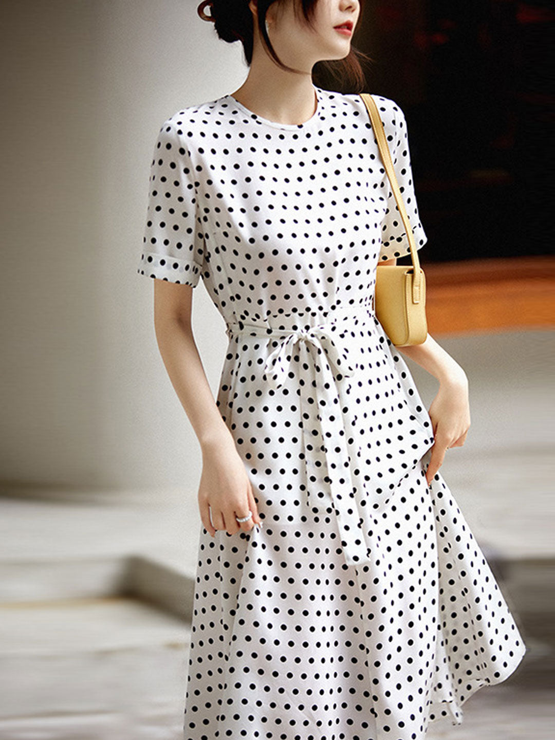 Chloe Elegant Crew Neck Tie Polka Dot Chiffon Dress – Smile just love