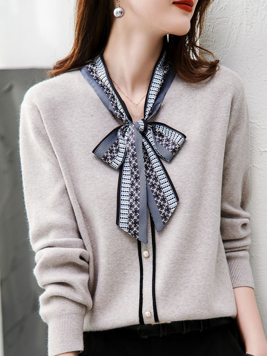 Alyssa Retro Scarf Collar Bow Tie Knitted Sweater-Gray