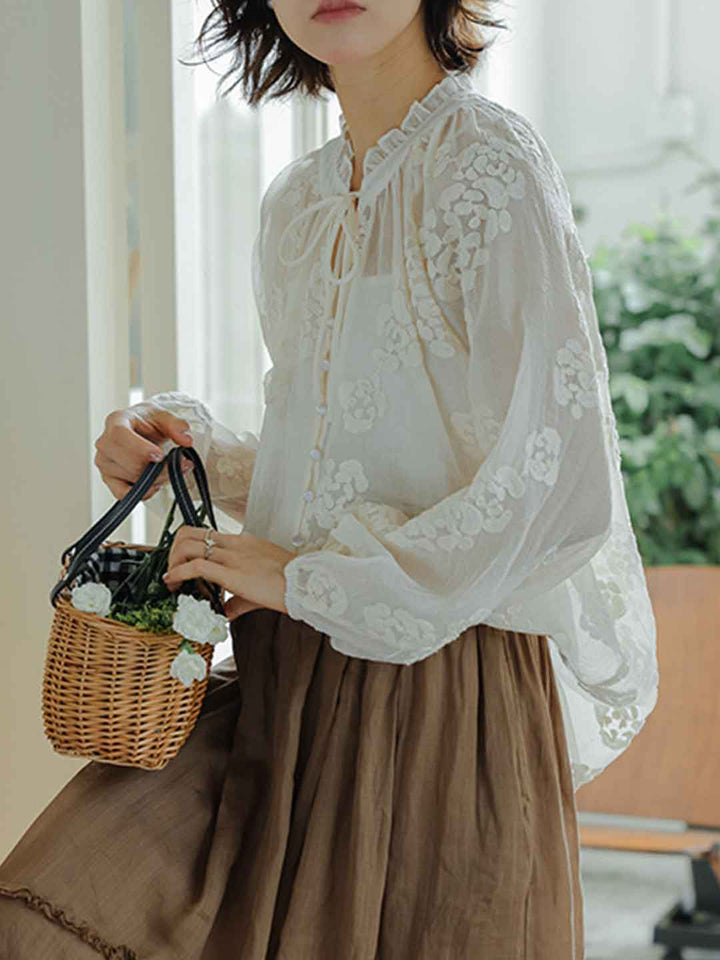 Maria Classic Crew Neck Hollowed Embroidered Lace Shirt