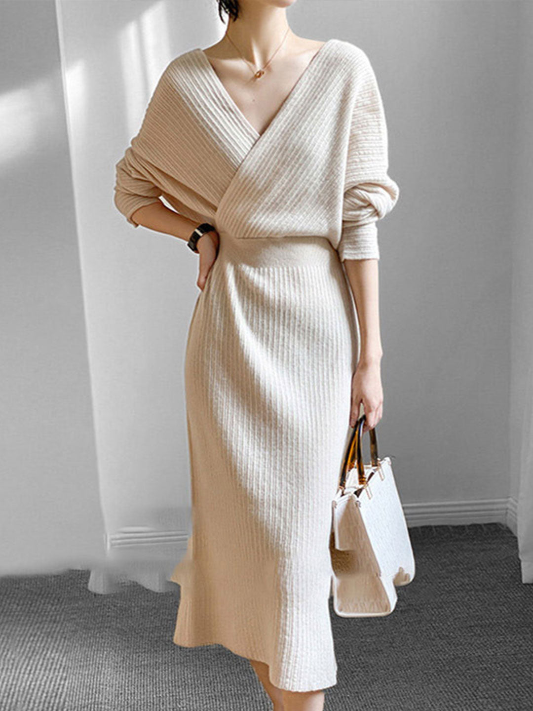 cream sweater wrap dress Cream Wrap Dress with Boots