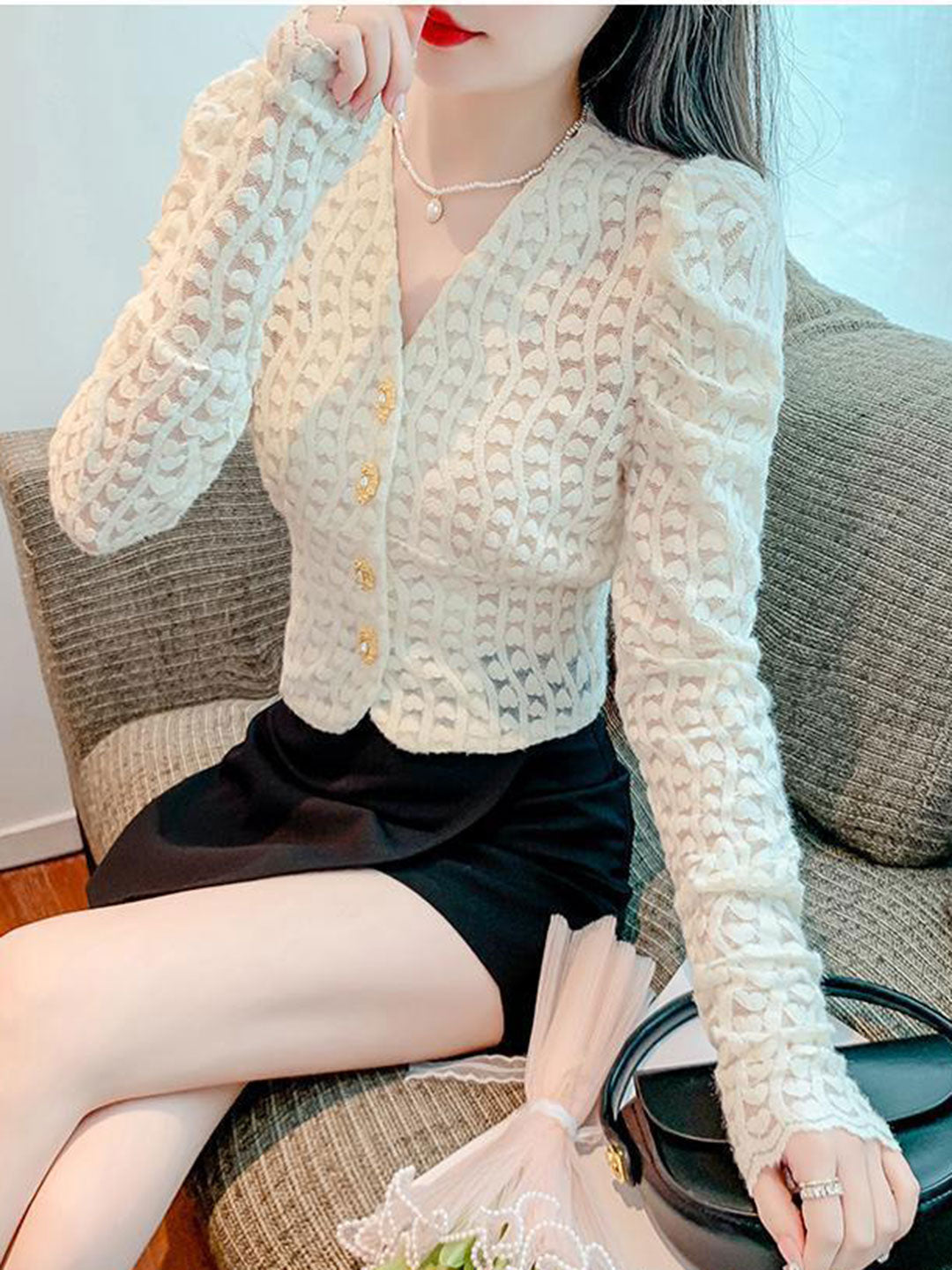 Lauren French Style V-neck Puff Sleeve Lace Blouse