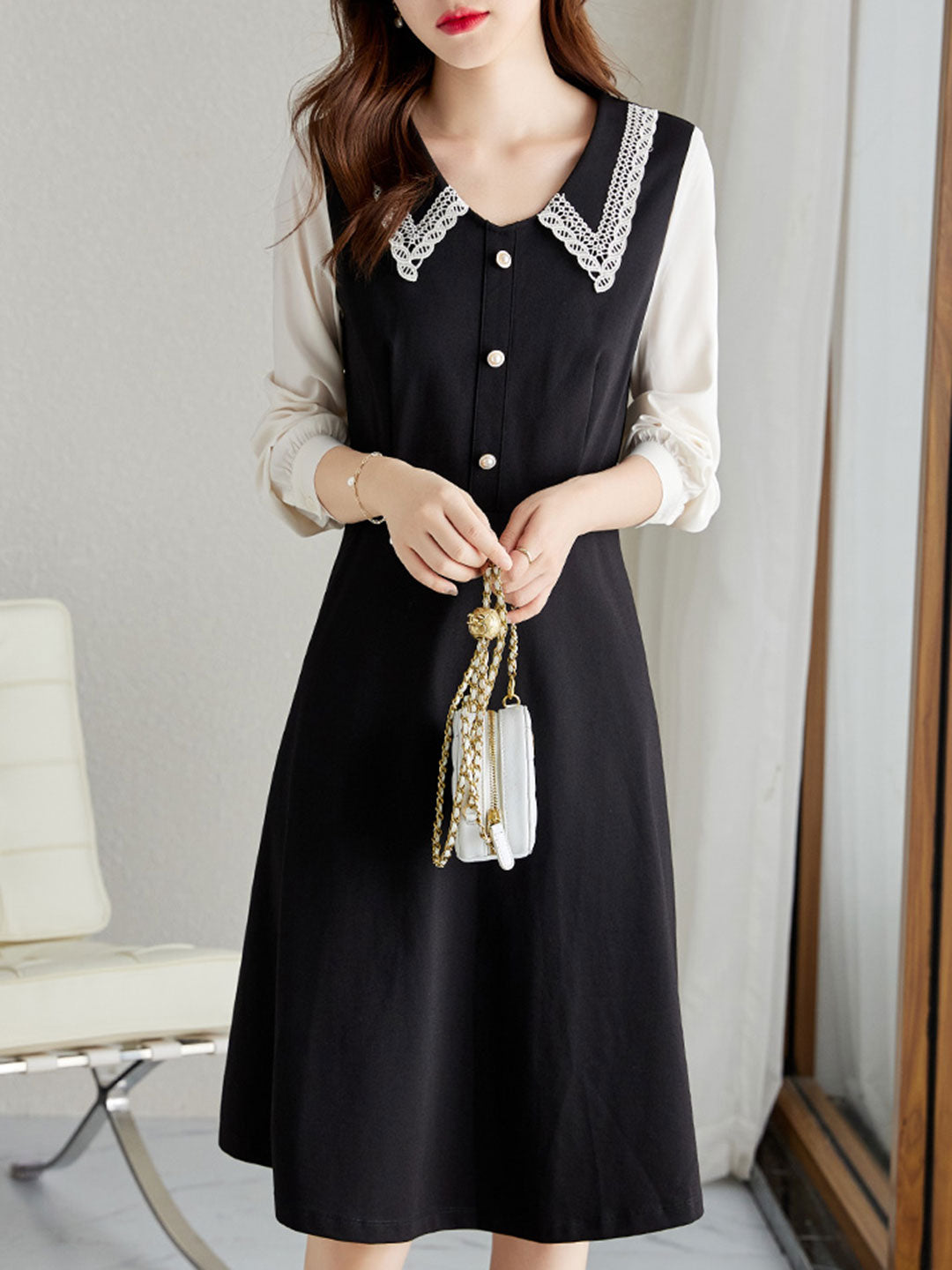 Clara French Contrast Color Lace V-neck Dress
