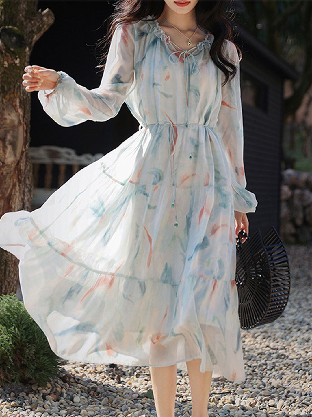Julia Elegant Printed Floral Chiffon Dress-Long  Smile just love
