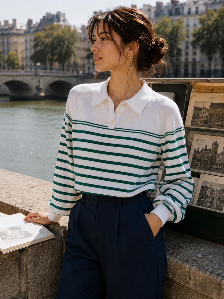 Edana Retro Polo Casual Striped Knit Sweater