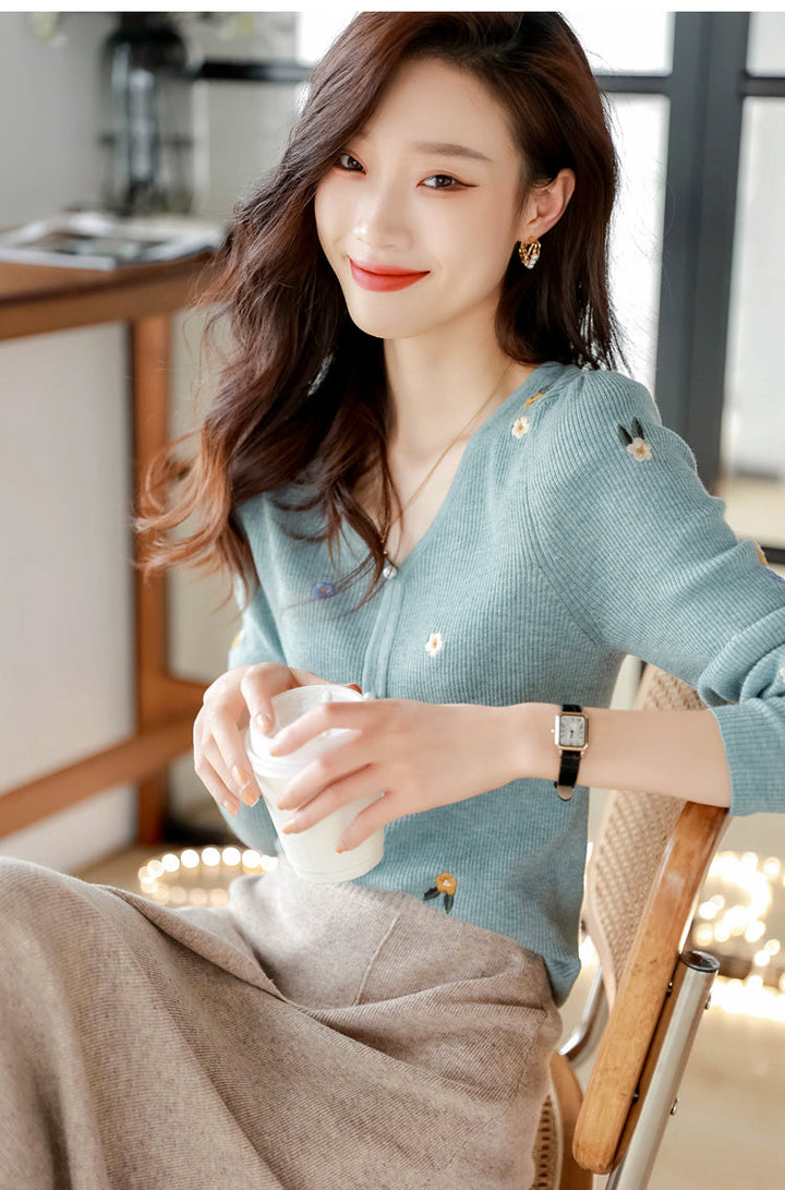 Alena Retro V-Neck Embroidered Sweater