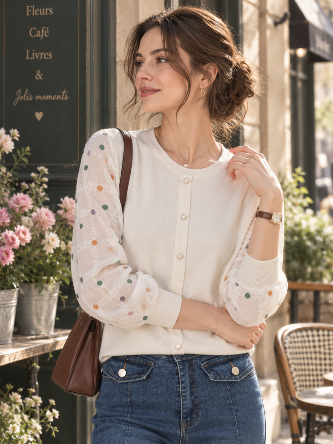 Jessica Classic Polka-Dot Chiffon Sleeve Knitted Top