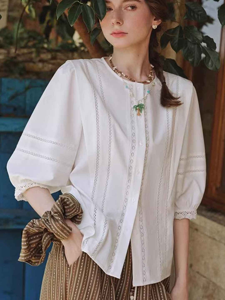 Riley Classic Crew Neck Lantern Sleeve Hollowed Lace Top