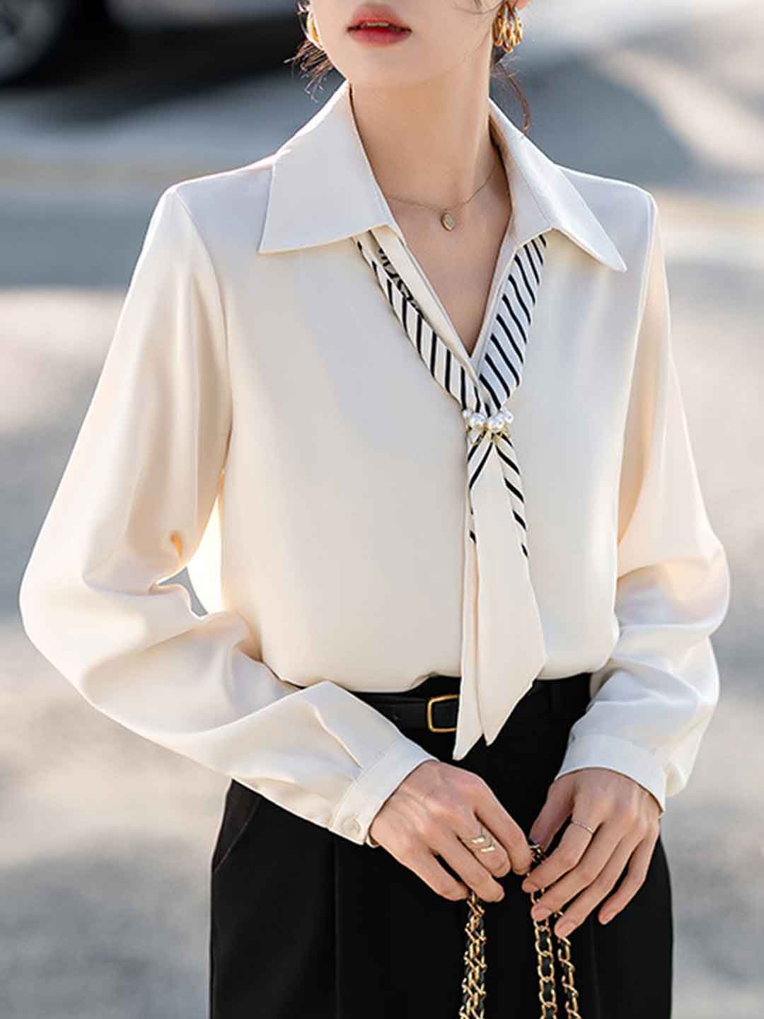 Olivia Lapel Solid Color Satin Ribbon Shirt