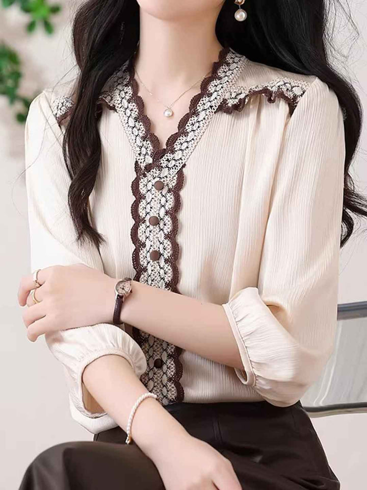 Nevaeh Casual V-Neck Embroidered Satin Shirt
