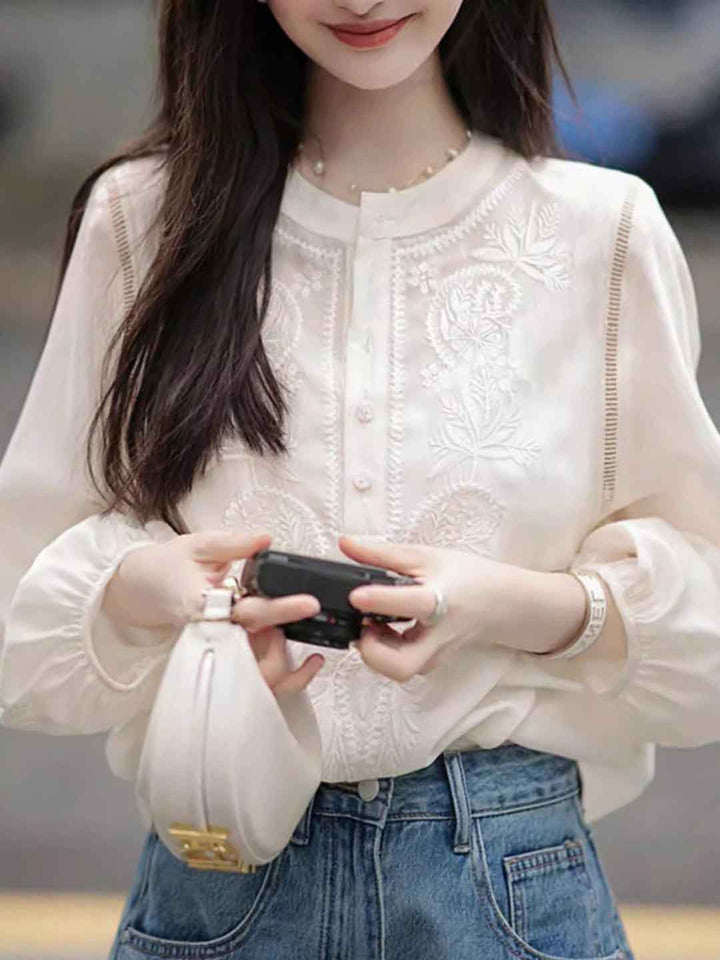 Emma Retro Crew Neck Embroidered Top