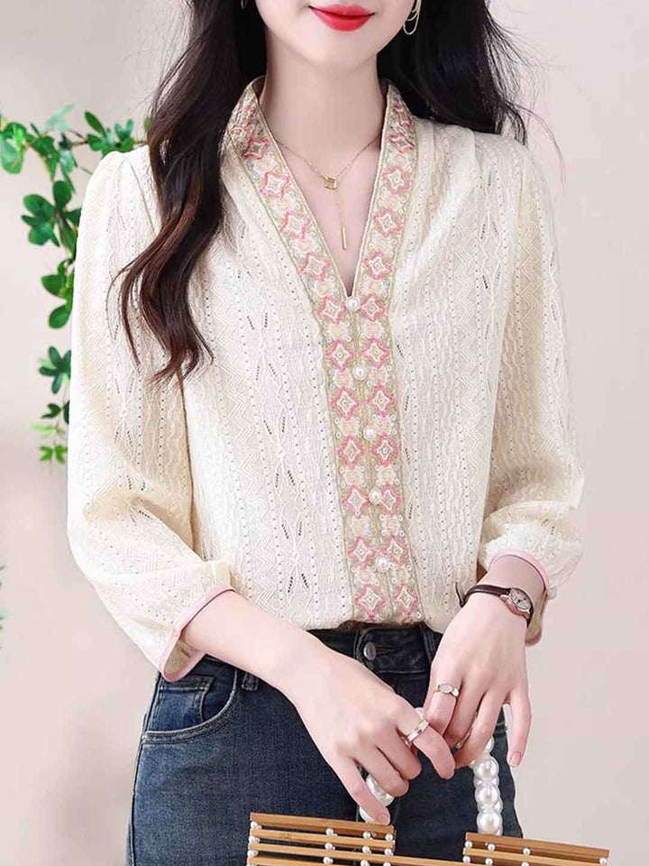 Evelyn Classic V-Neck Embroidered Blouse