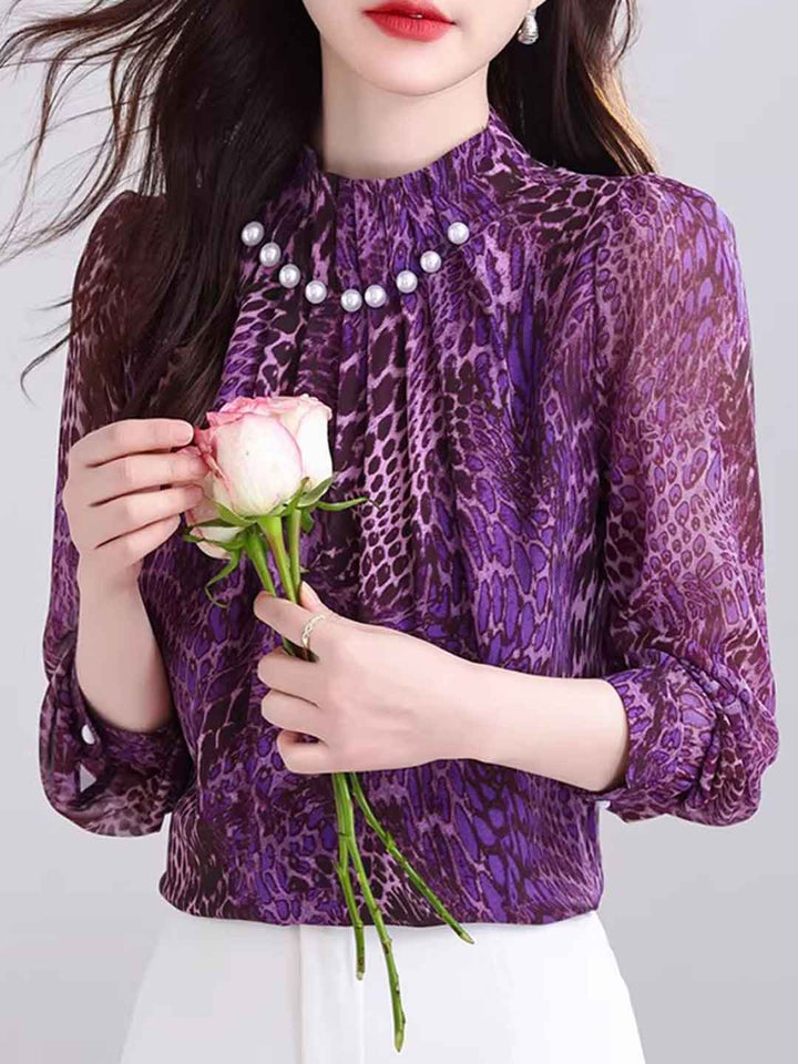 Avery Loose Stand Collar Beaded Printed Top