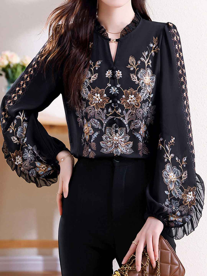Kaylee Loose V-Neck Puff Sleeve Printed Chiffon Blouse