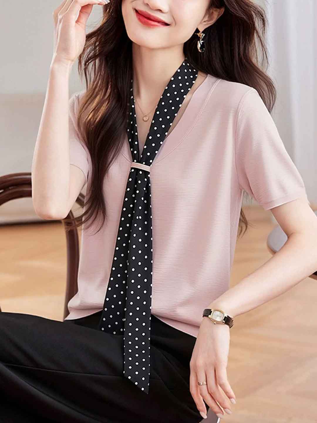 Leah Daily V-Neck Polka Dot Ribbon Top