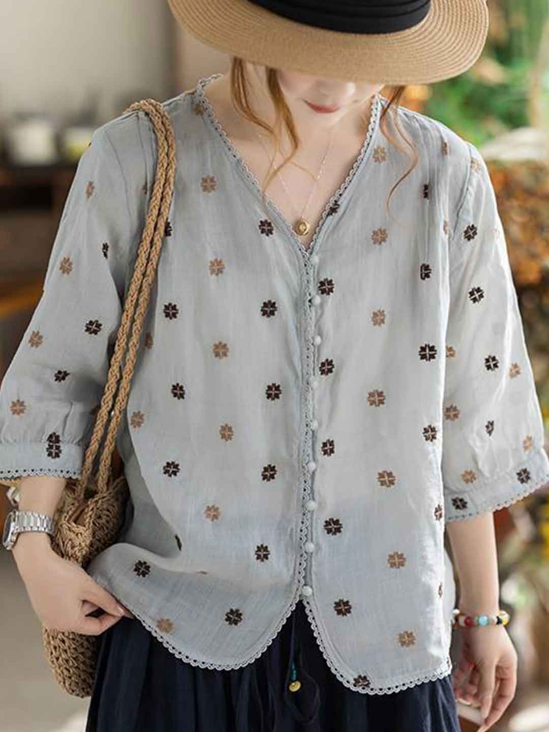 Alexis Loose V-Neck Embroidered Patchwork Blouse