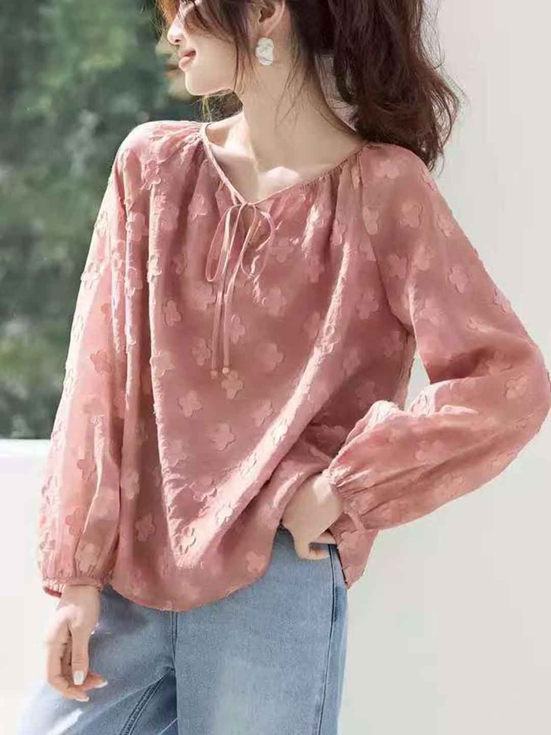 Mariah Spring V-Neck Jacquard Textured Top