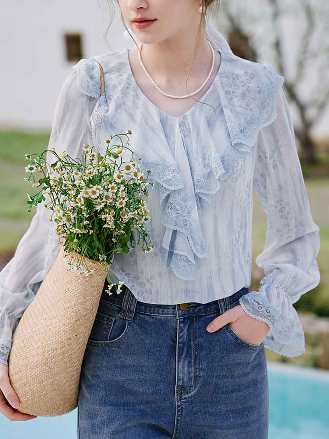 Madelyn Vintage V-Neck Ruffled Lace Blouse