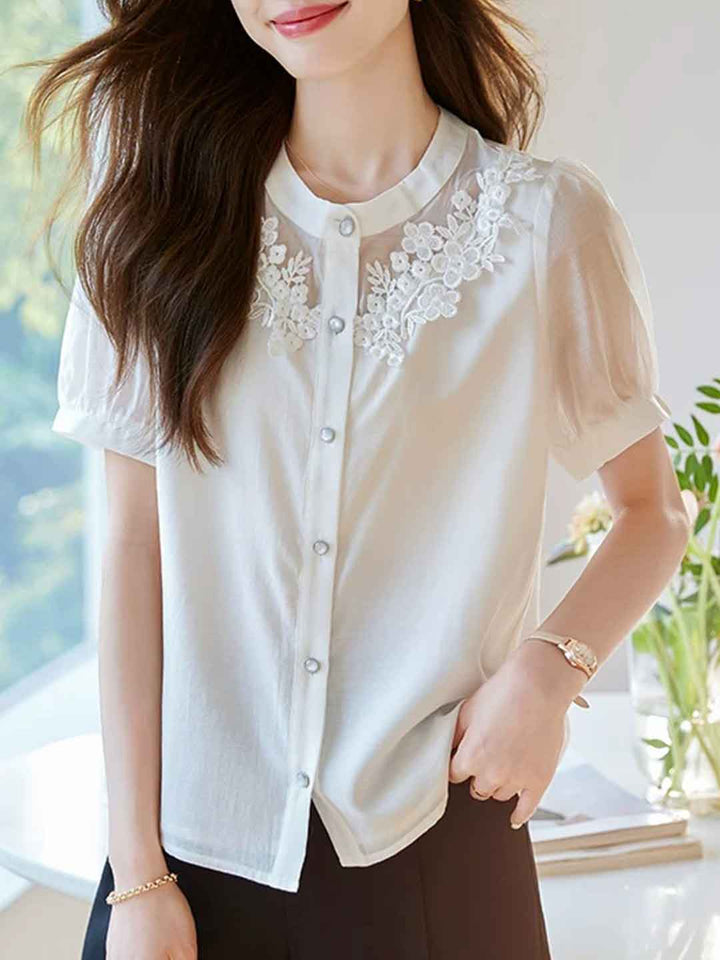 Kaylee Elegant V-Neck Puff Sleeve Embroidered Chiffon Top