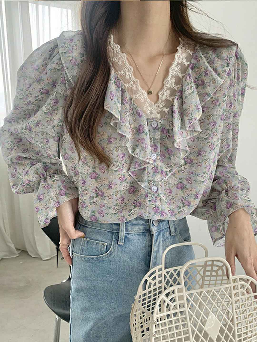 Lillian Loose V-Neck Ruffle Trim Chiffon Top