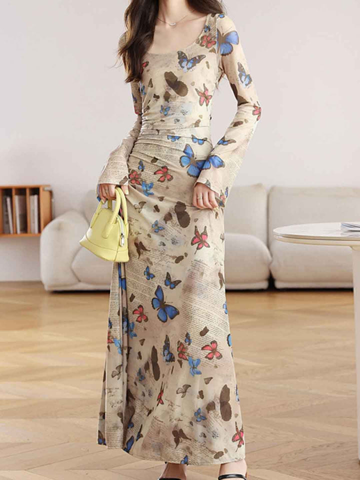 Addison Slim U-neck Butterfly Printed Pleated Dress