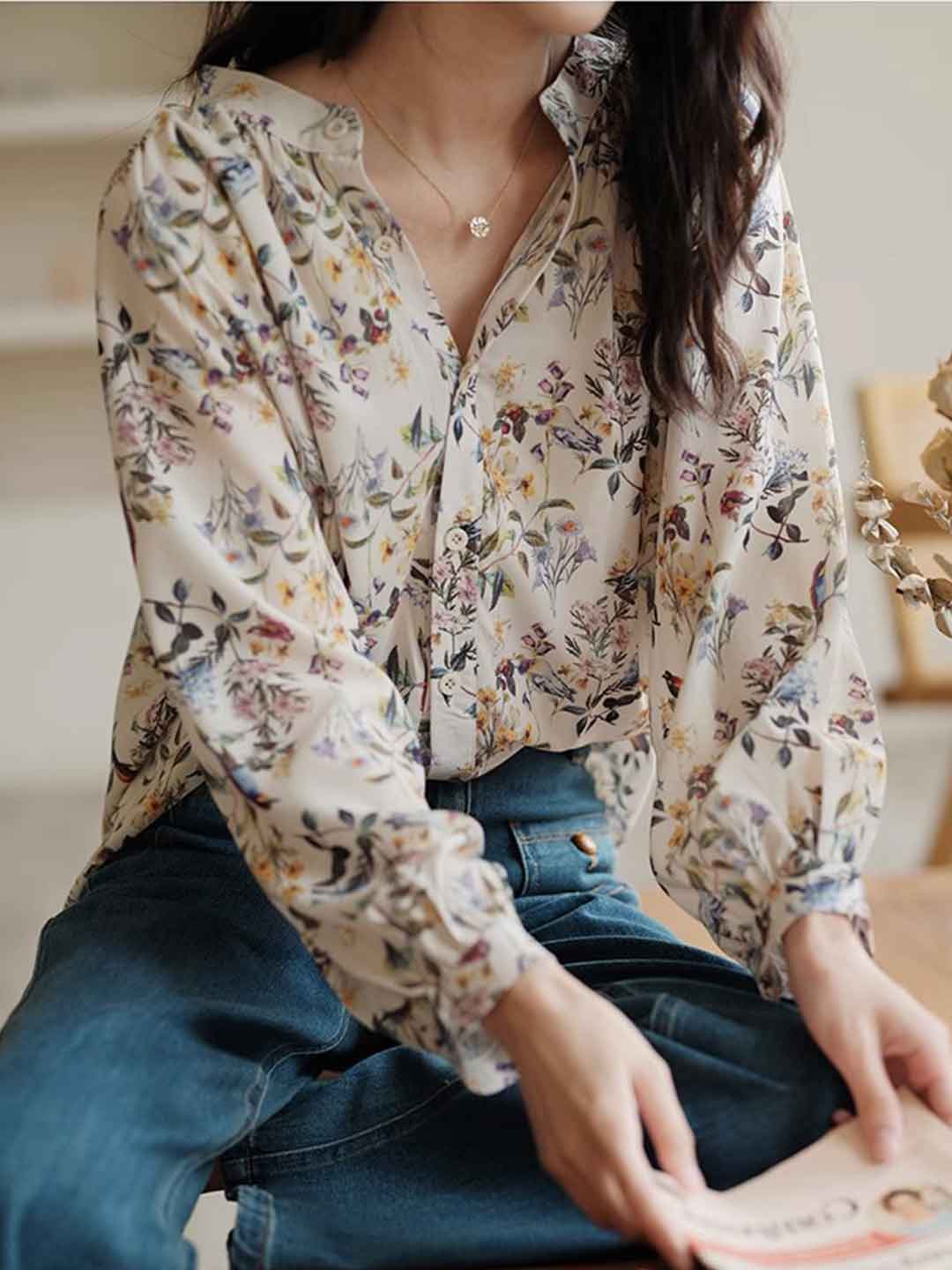 Mya Chic V-neck Floral Chiffon Top