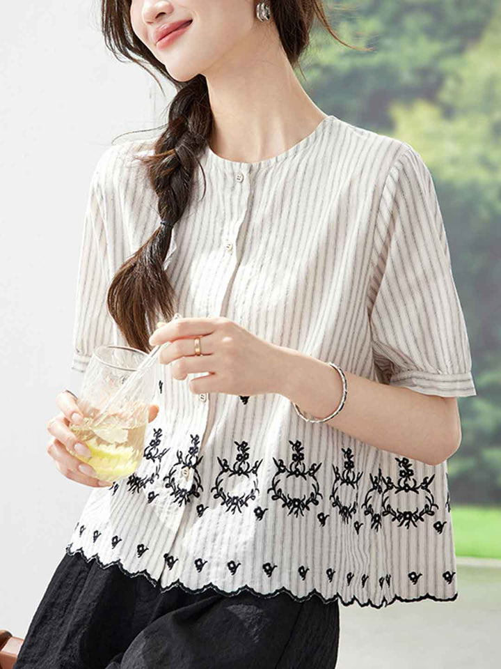 Mia Loose Crew Neck Striped Embroidered Top