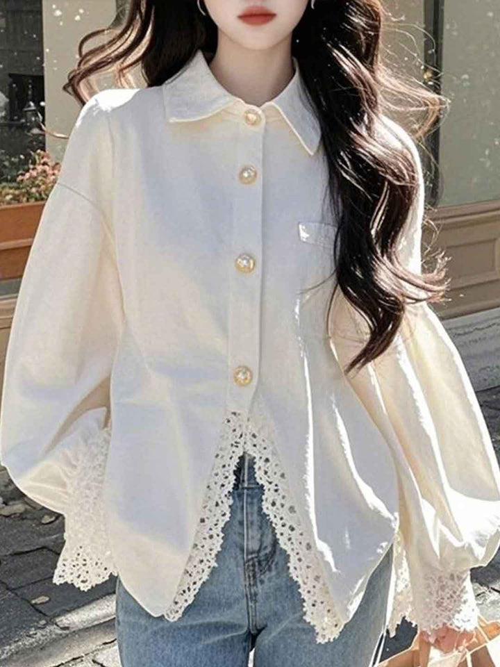 Kaylee Retro Lapel Solid Color Lace Trimmed Top
