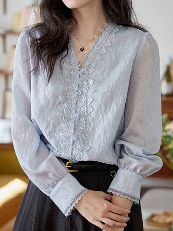 Riley Daily V-Neck Lace Jacquard Blouse