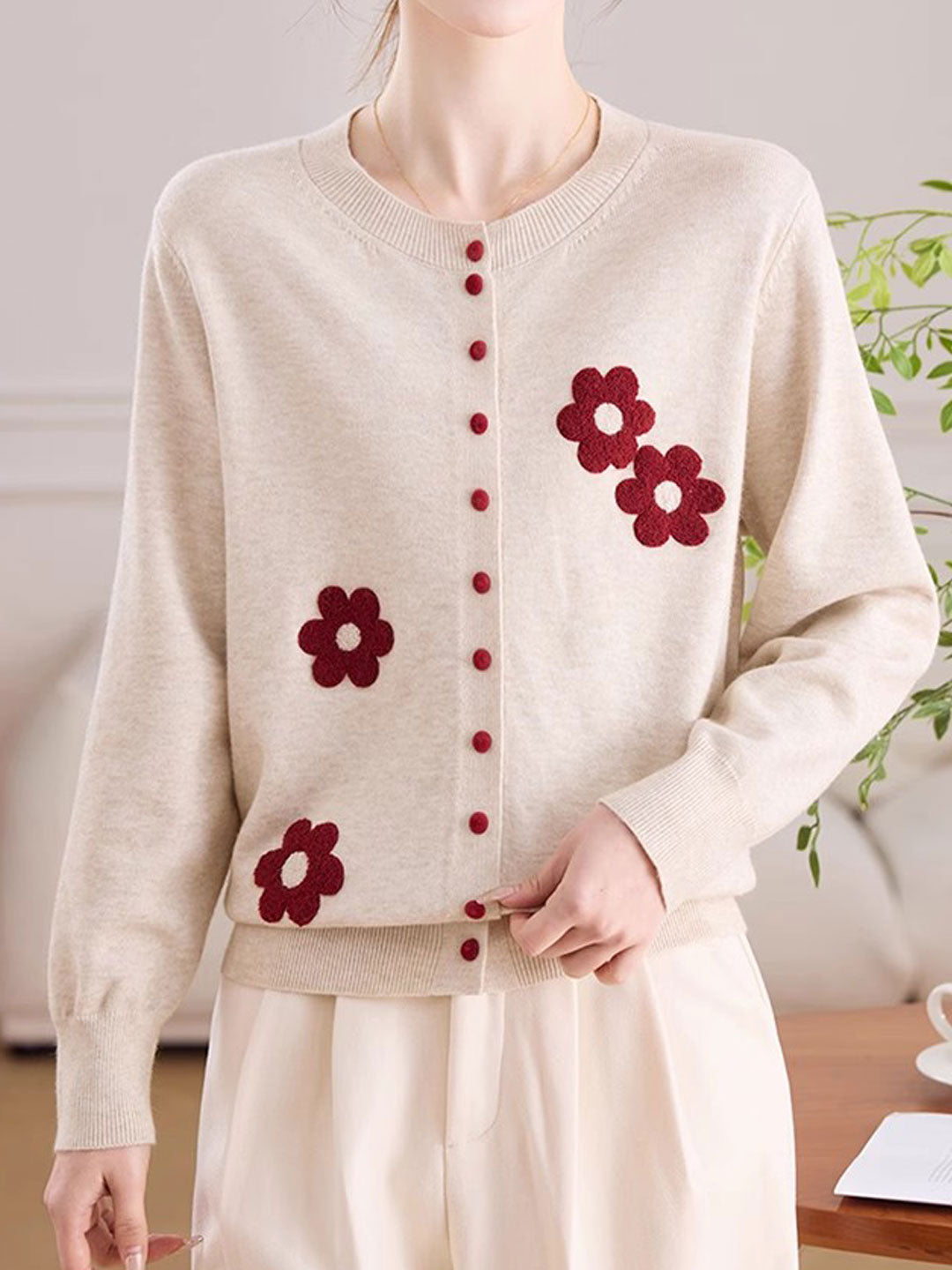 Destiny Daily Crew Neck Embroidered Knitted Cardigan