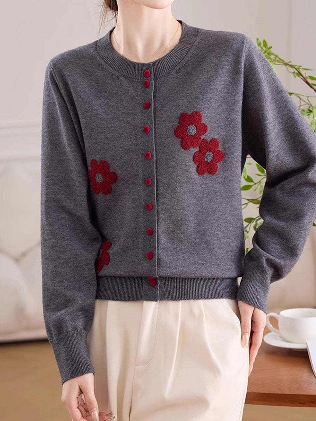 Destiny Daily Crew Neck Embroidered Knitted Cardigan