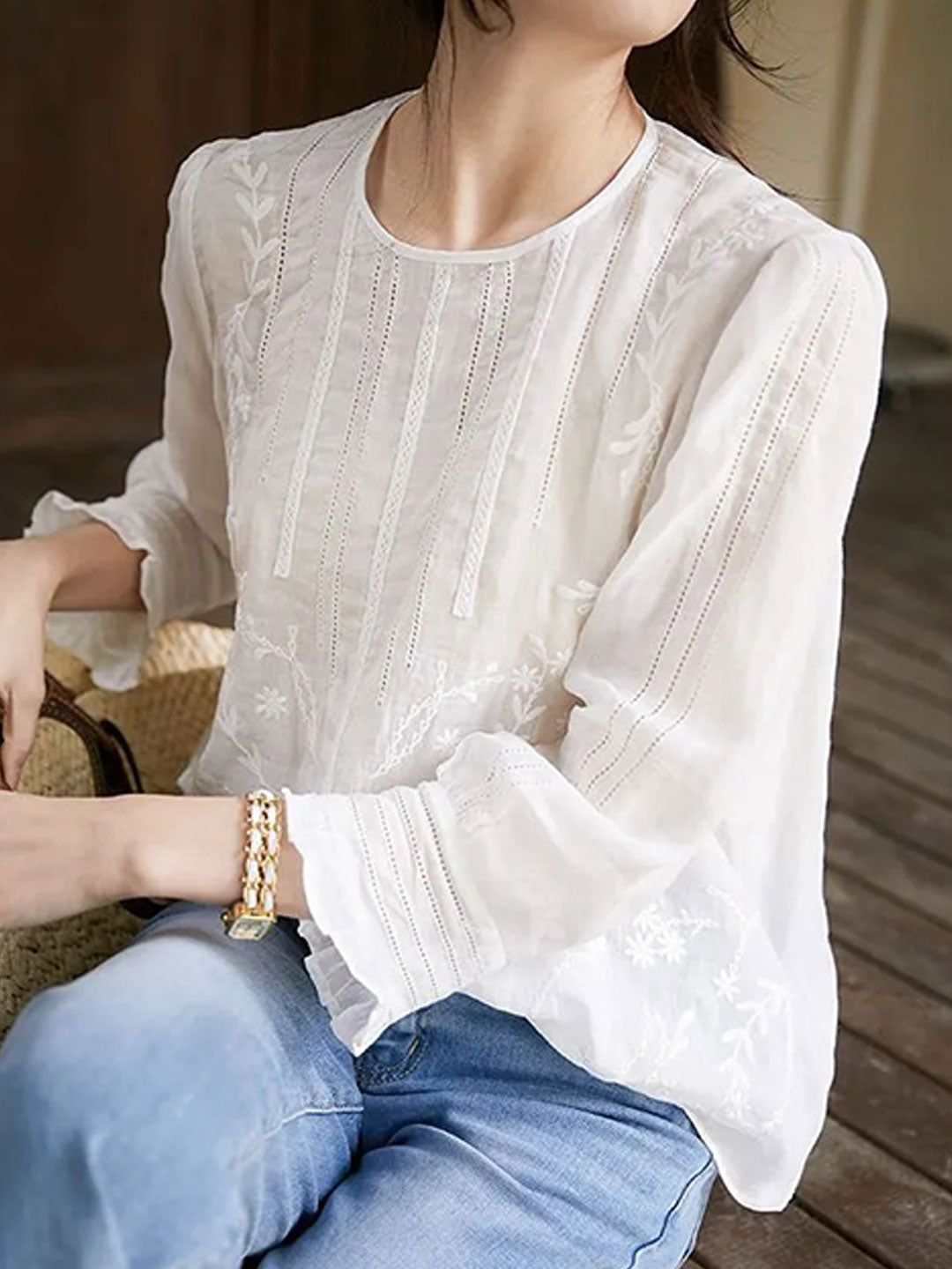 Claire Retro Crew Neck Solid Color Embroidered Hollowed Top