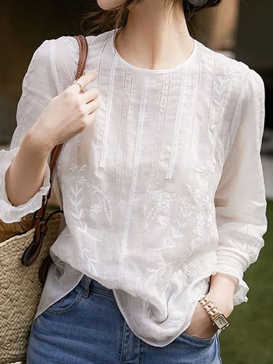 Claire Retro Crew Neck Solid Color Embroidered Hollowed Top