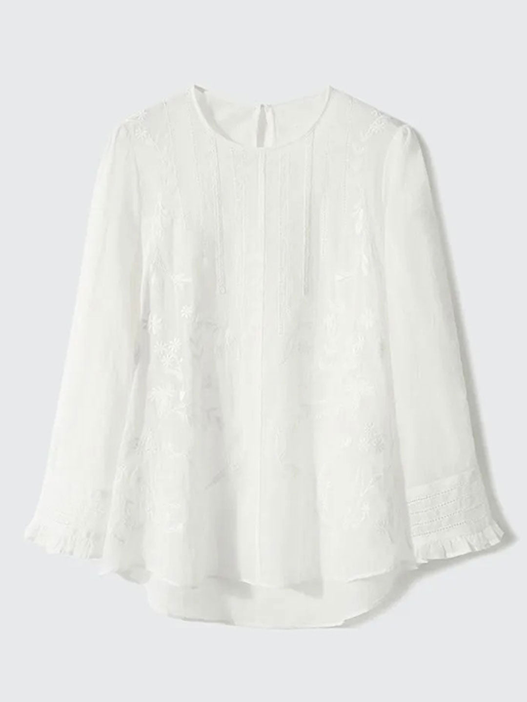 Claire Retro Crew Neck Solid Color Embroidered Hollowed Top