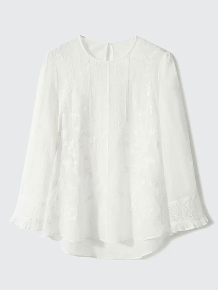 Claire Retro Crew Neck Solid Color Embroidered Hollowed Top