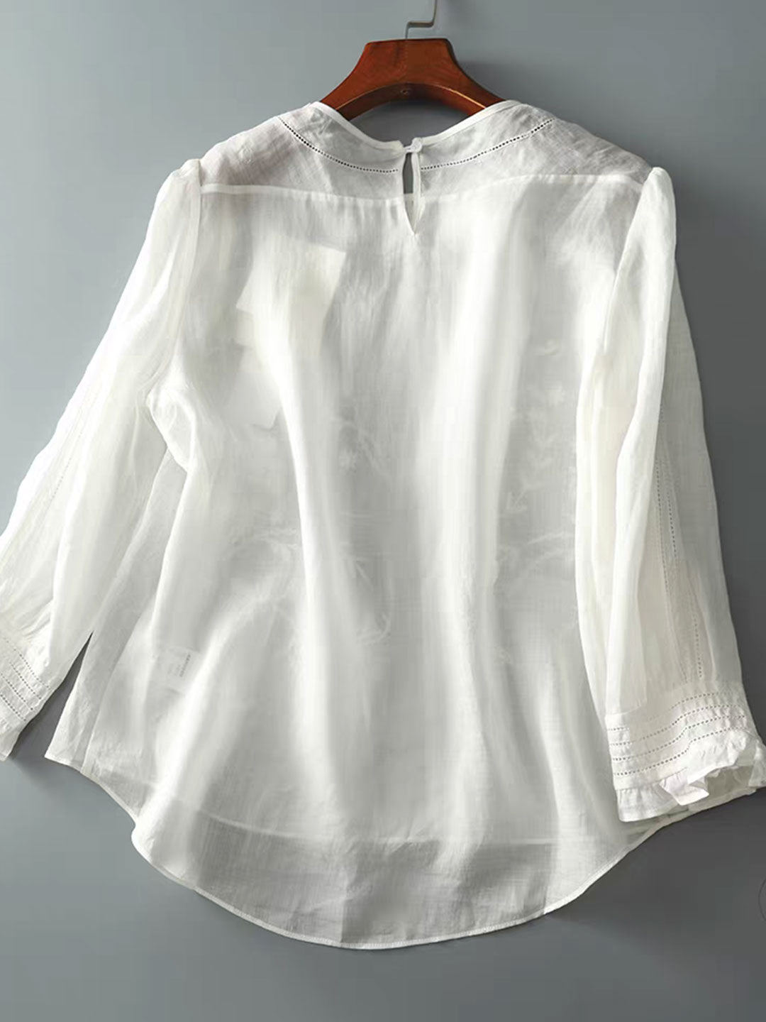 Claire Retro Crew Neck Solid Color Embroidered Hollowed Top