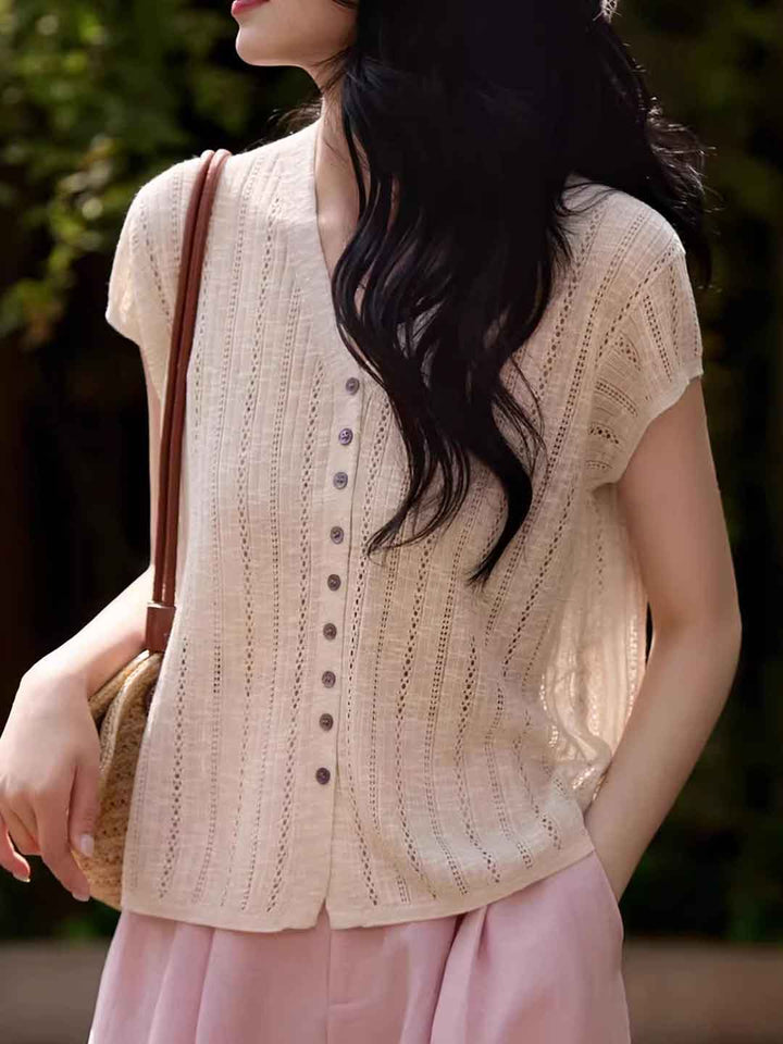 Rachel Classic V-Neck Solid Color Hollowed Knitted Top