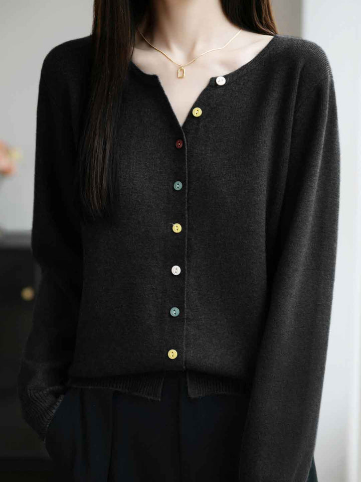 Andrea Classic Crew Neck Colorful Buttons Solid Color Knitted Cardigan
