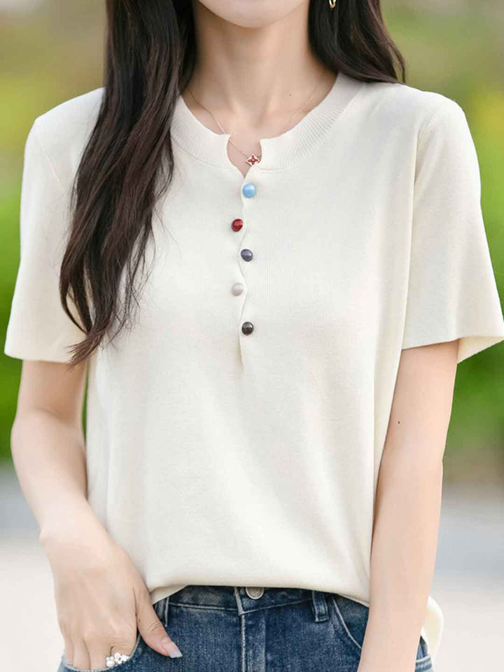 Khloe Classic Crew Neck Colorful Buttons Knitted Top-Pink