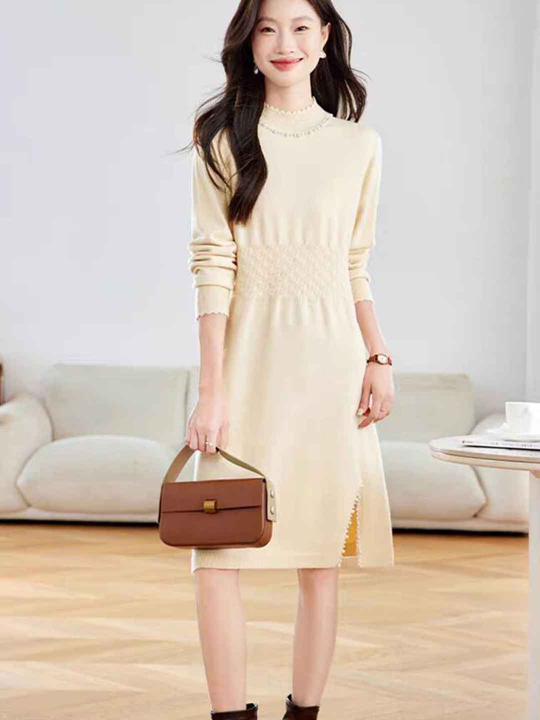 Victoria Casual Turtleneck Beaded Knitted Sweater Dress