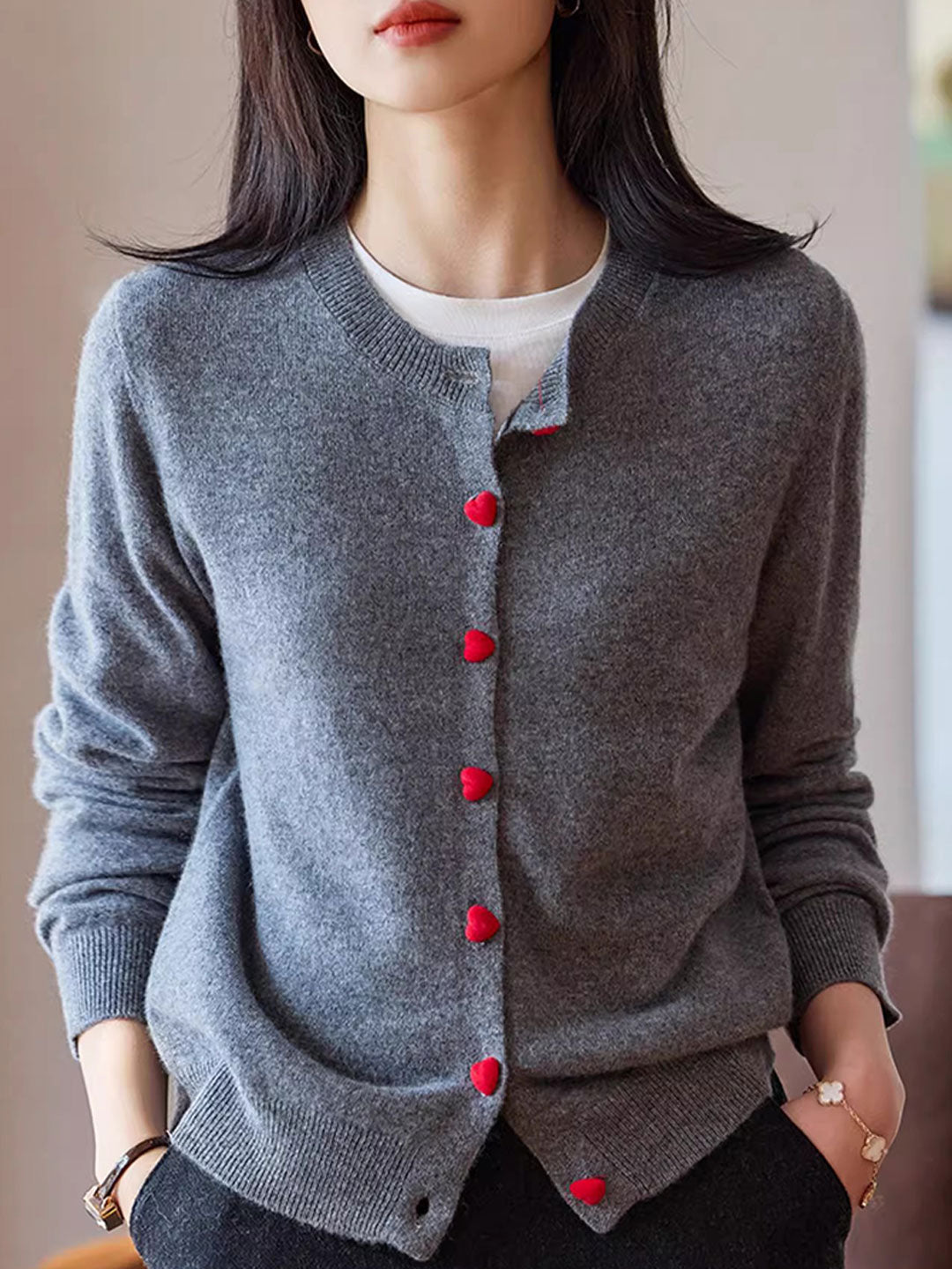 Raya Elegant Crew Neck Heart Button Knitted Cardigan