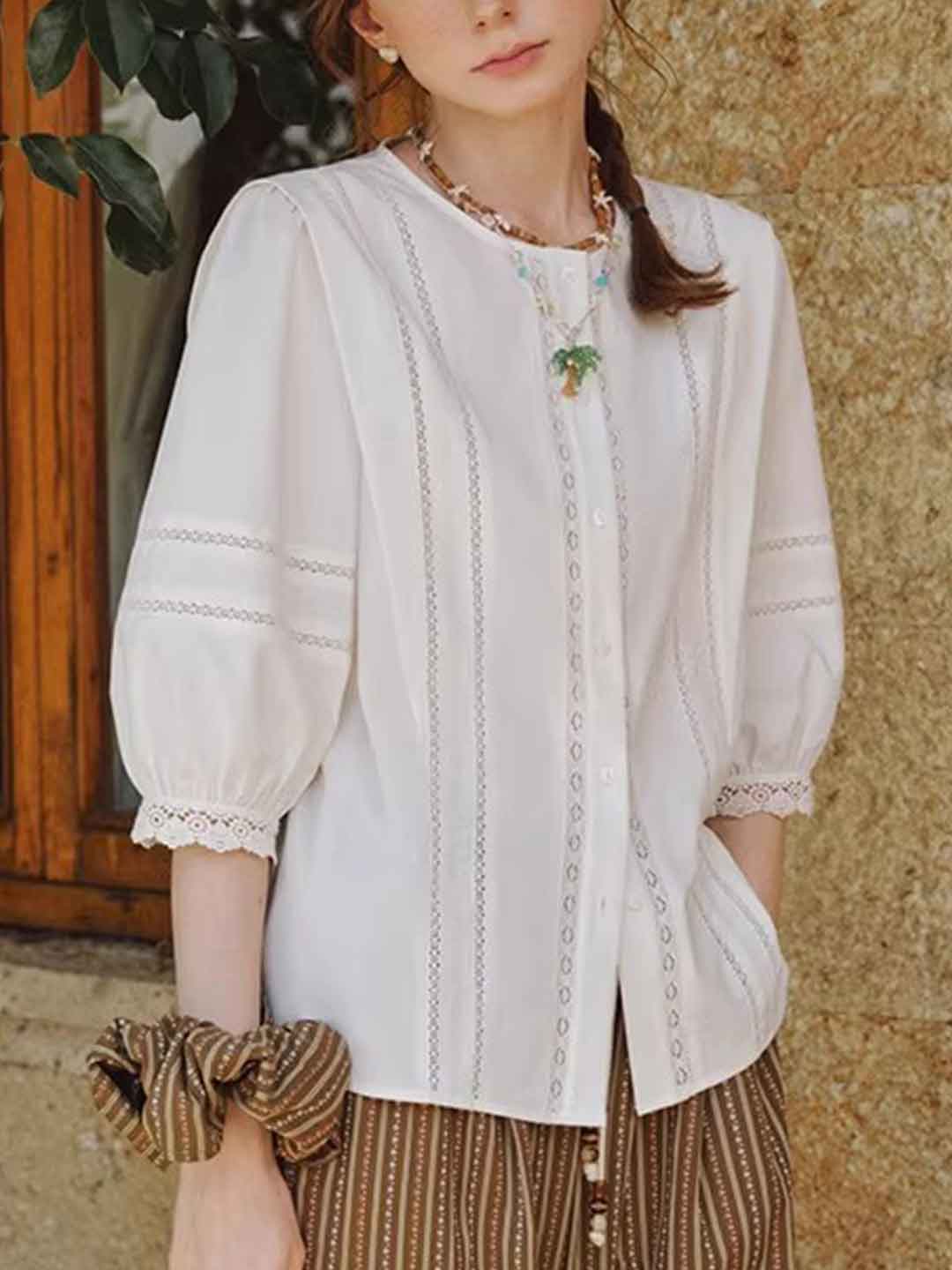 Riley Classic Crew Neck Lantern Sleeve Hollowed Lace Top