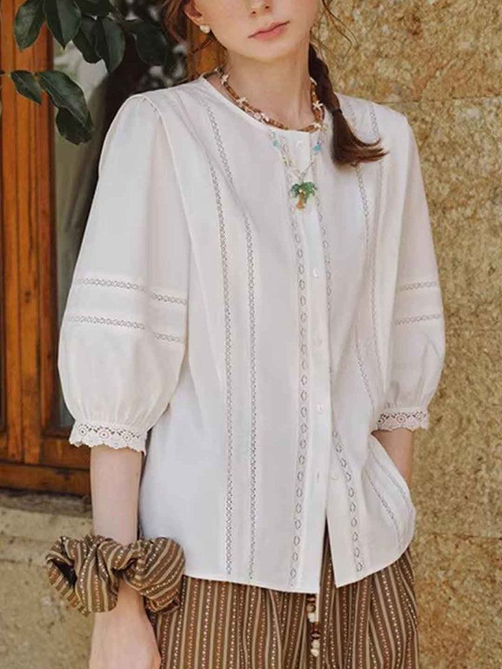 Riley Classic Crew Neck Lantern Sleeve Hollowed Lace Top