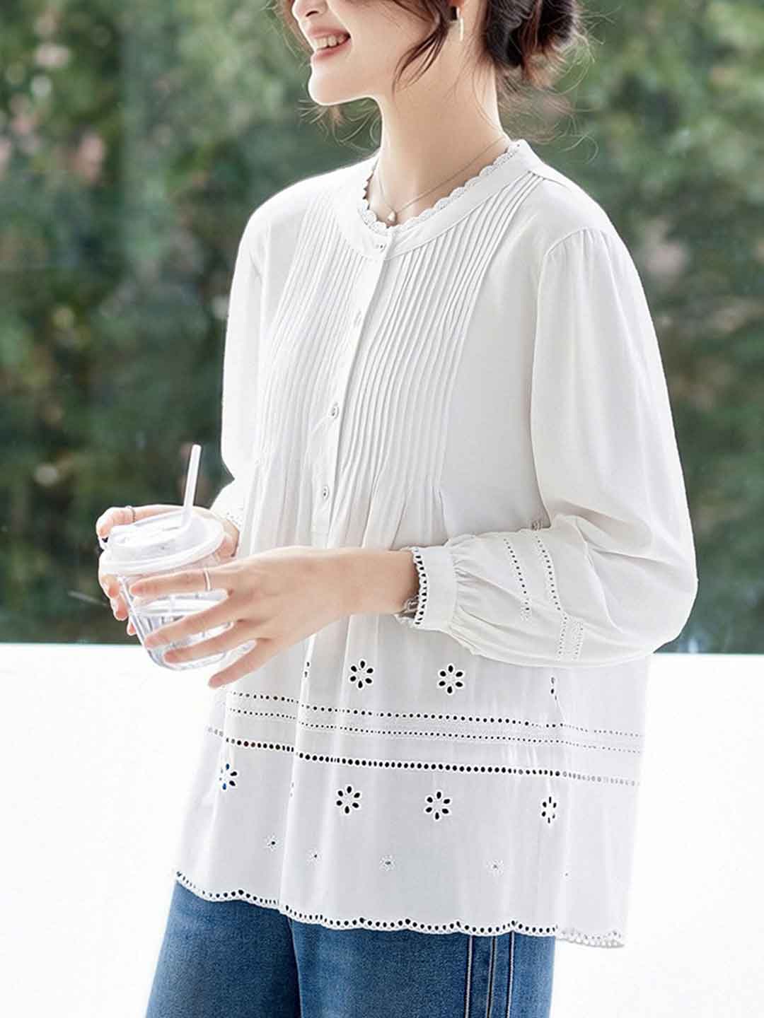 Madison Daily Crew Neck Crochet Accordion Pleated Top