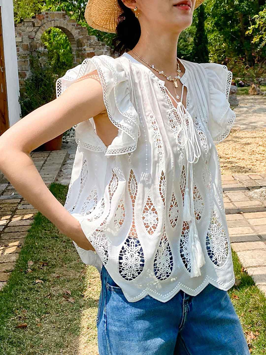 Peyton Vacation V-Neck Hollowed Embroidered Tie Blouse