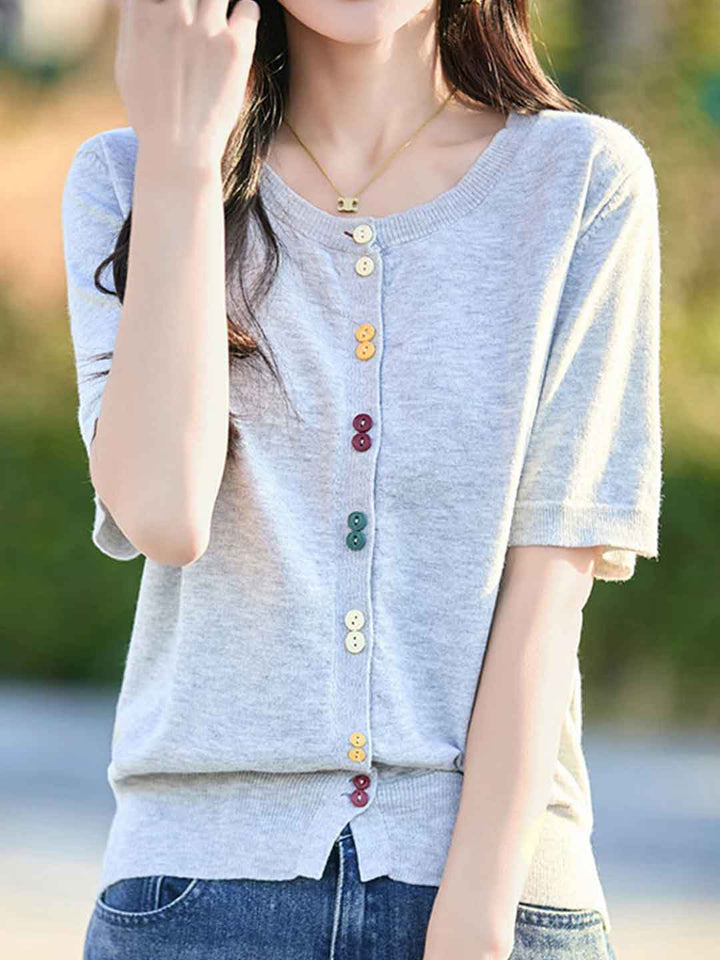 Trinity Loose Crew Neck Solid Color Knitted Cardigan