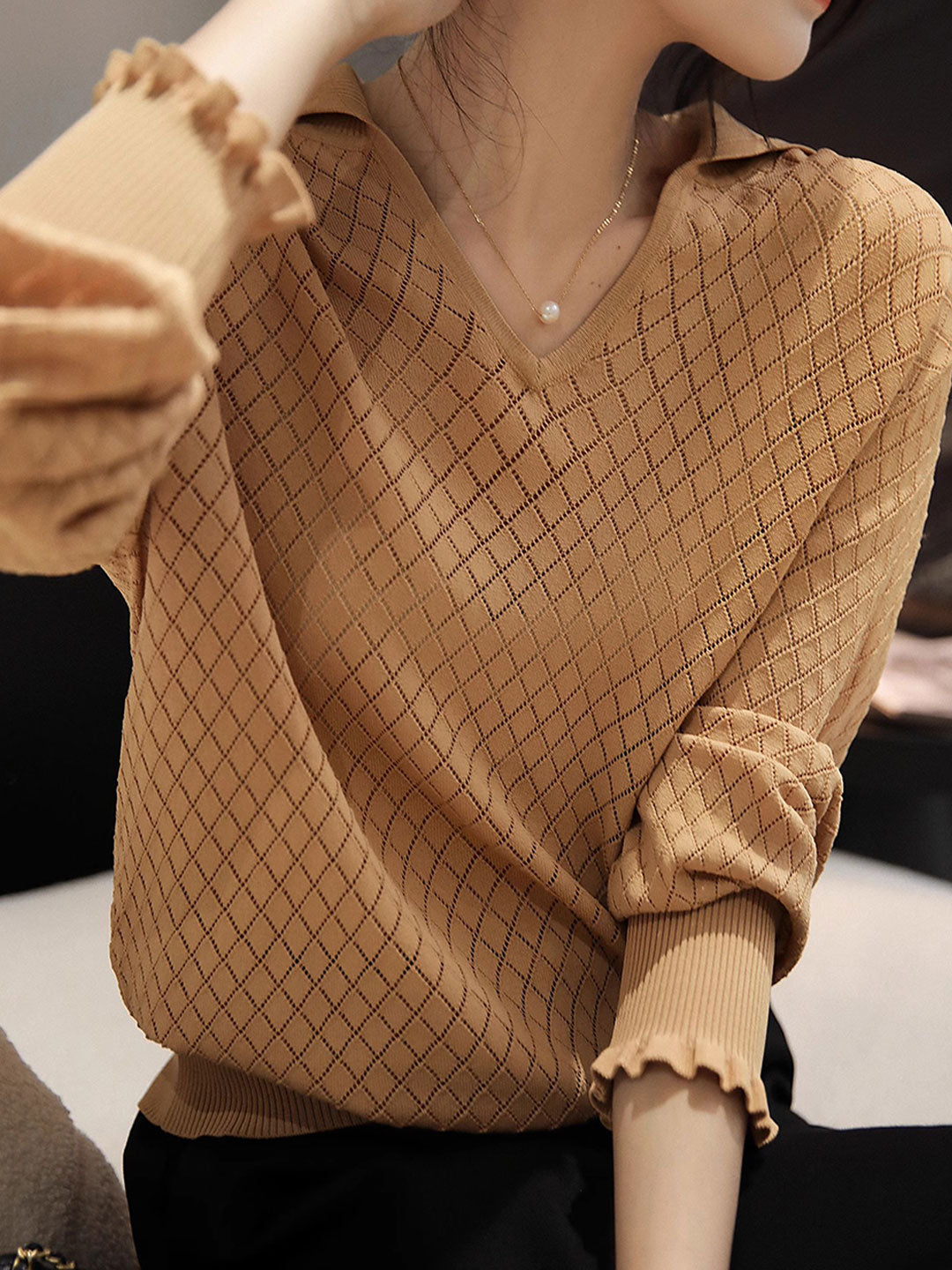Ashley Classic V-Neck Hollow Solid Color Knitted Top