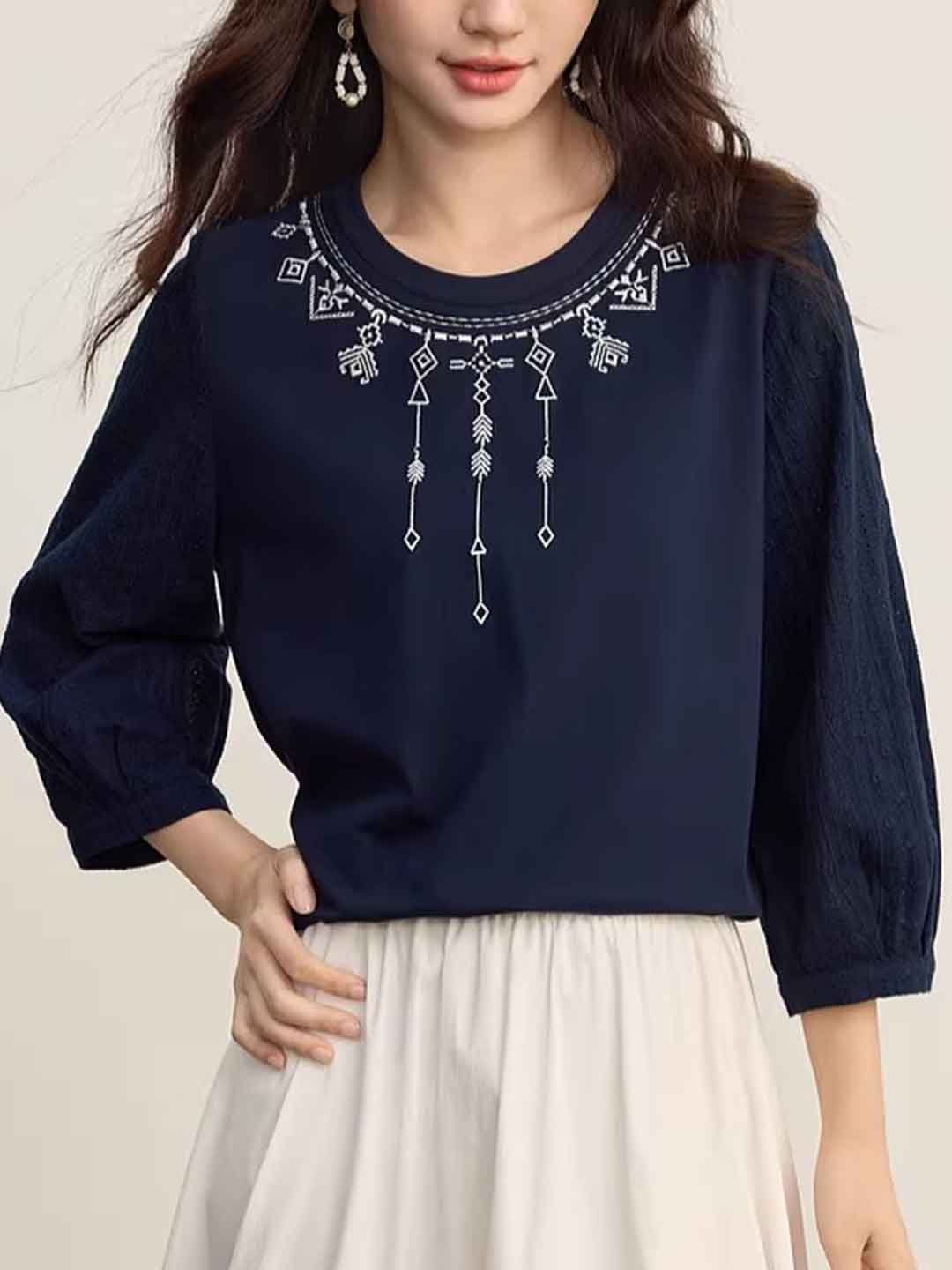 Isabella Loose Crew Neck Embroidered Top
