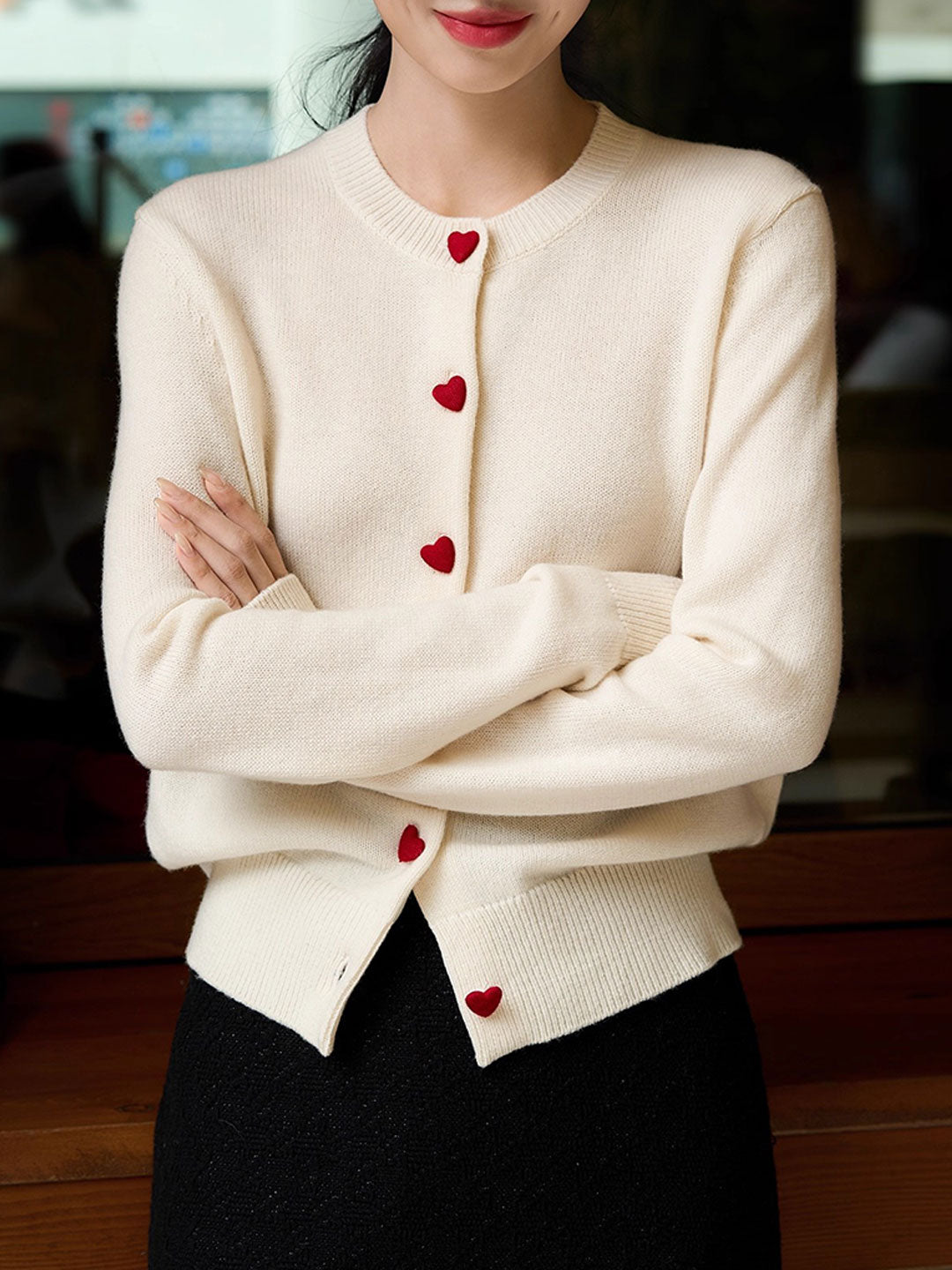 Raya Elegant Crew Neck Heart Button Knitted Cardigan-Pink