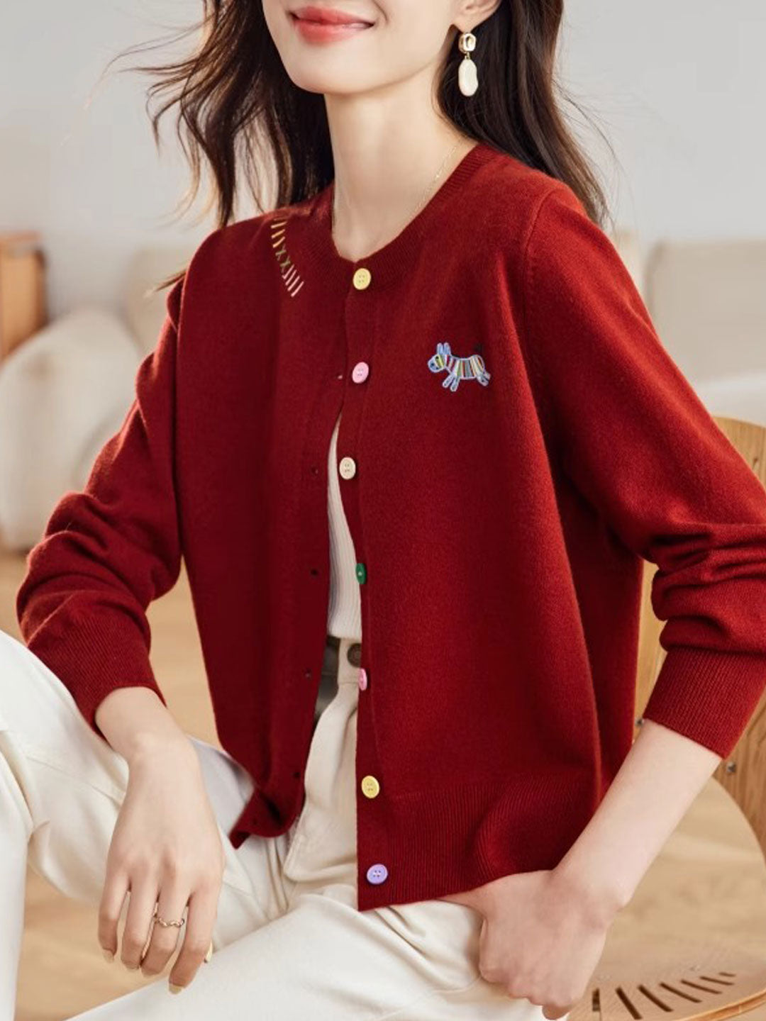 Camila Loose Embroidered Colorful Buttons Knitted Cardigan
